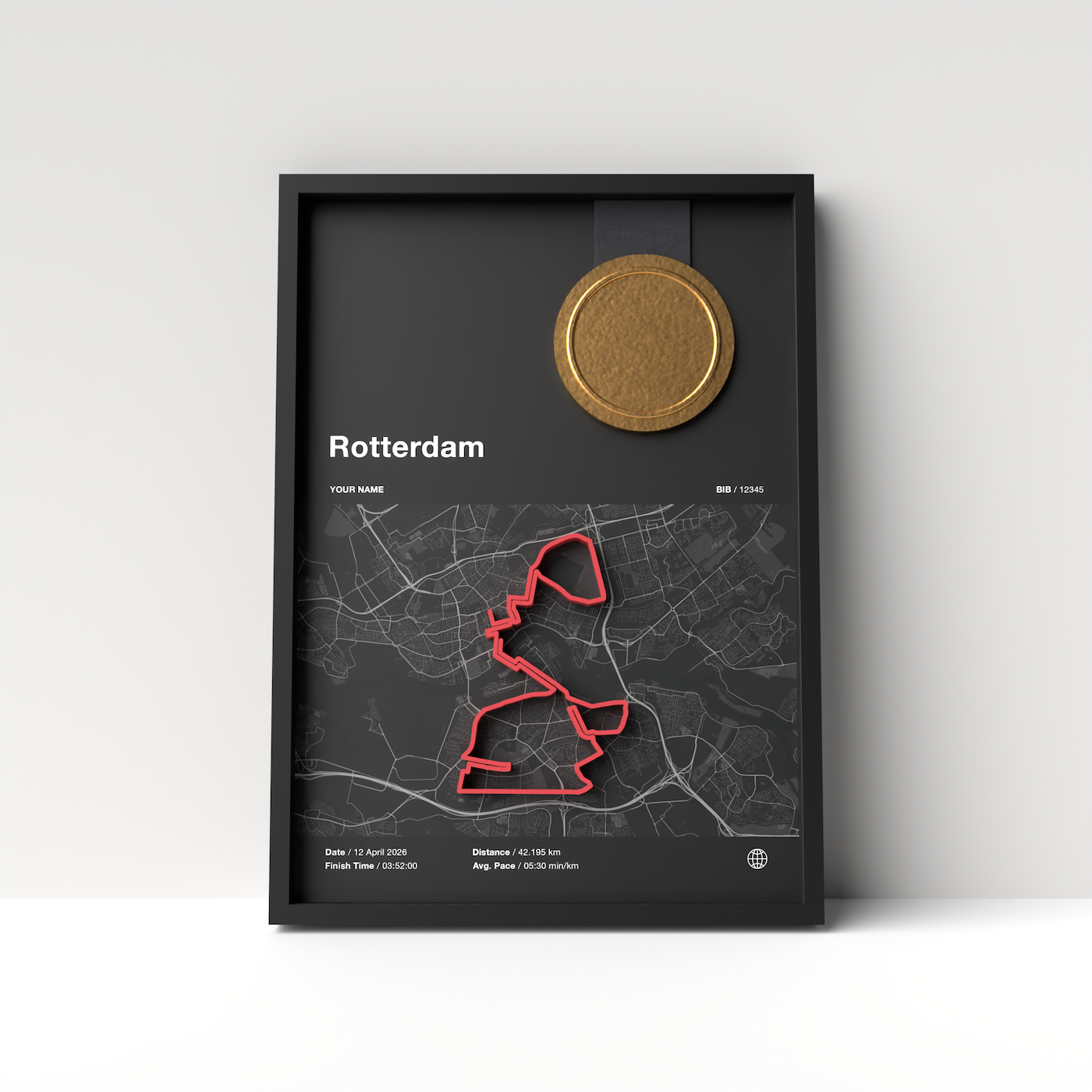 Rotterdam Marathon – A4 Dark Edition – 3D Race Frame