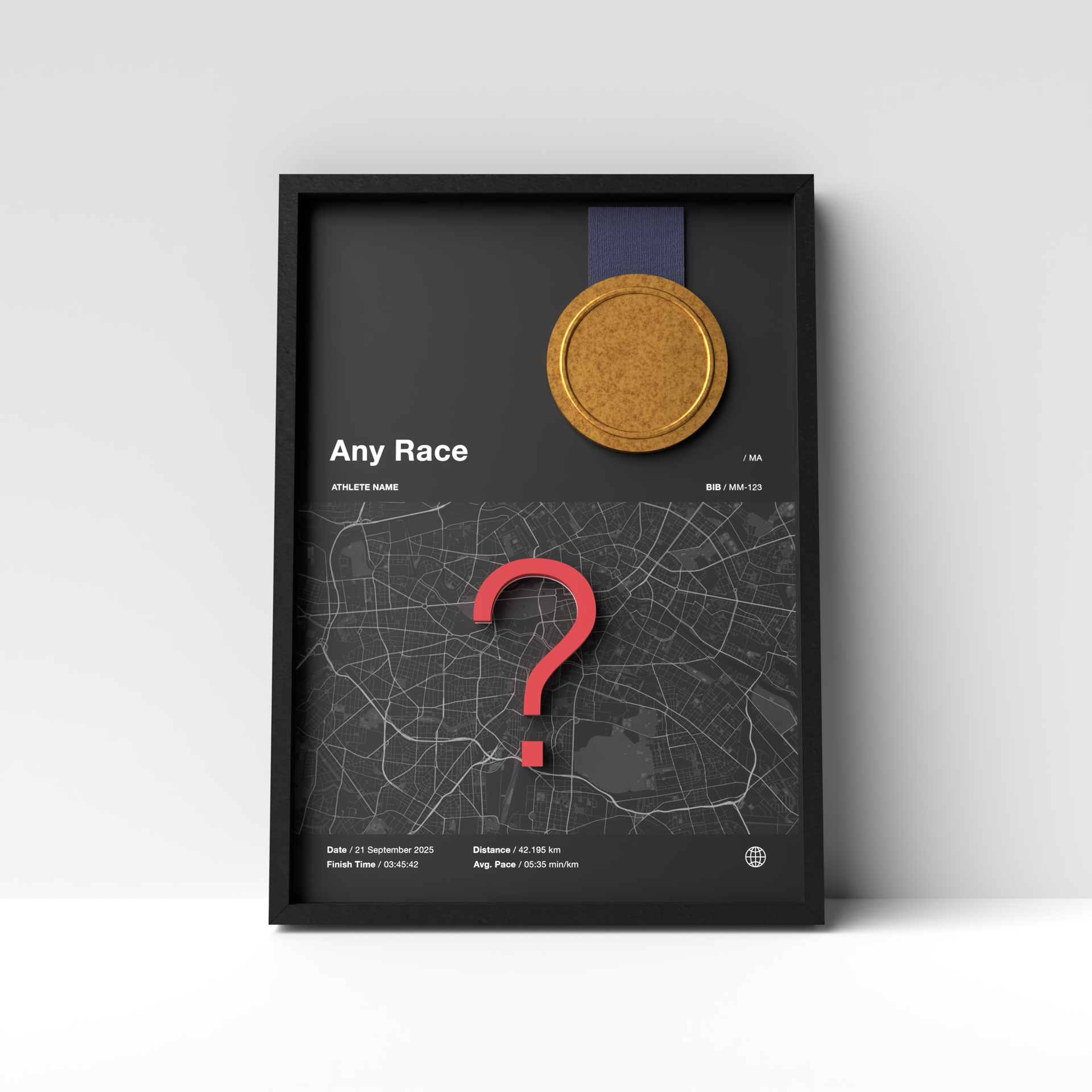 Any Race – Dark Edition – 3D Race Frame (including medal holder)