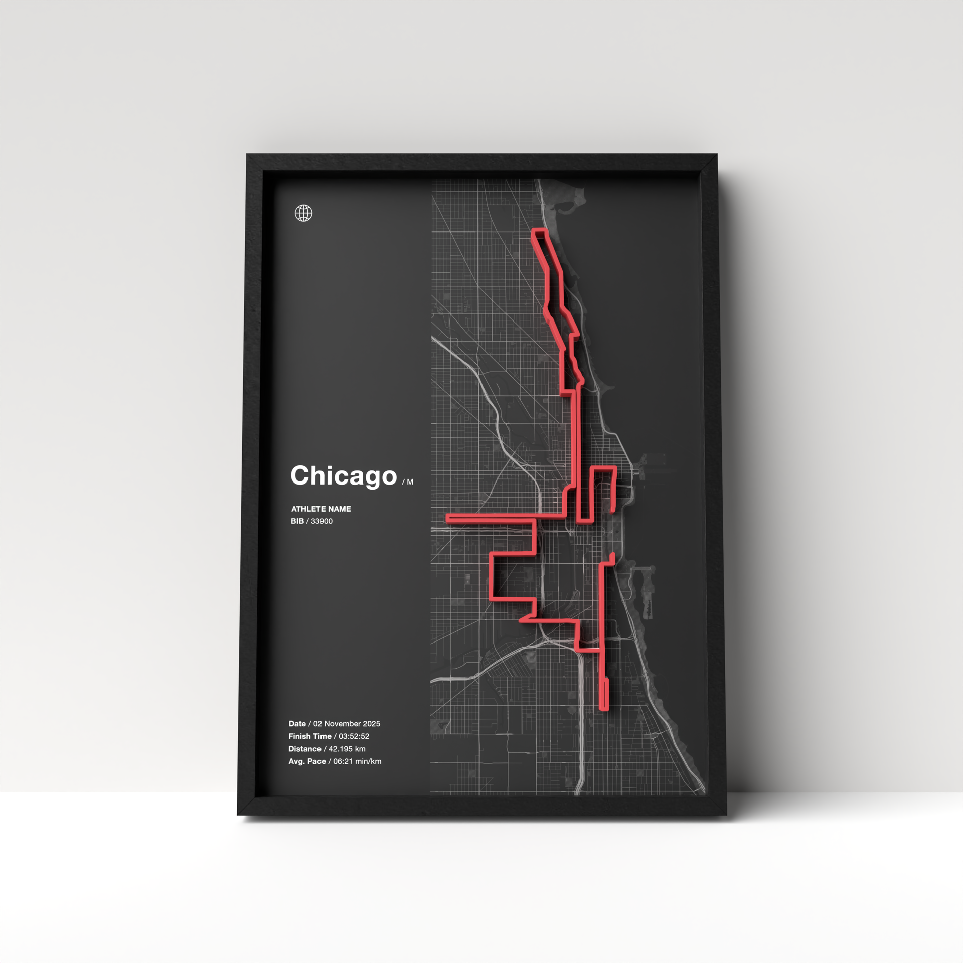 Chicago Marathon – A4 Dark Edition – 3D Race Frame (including medal holder)