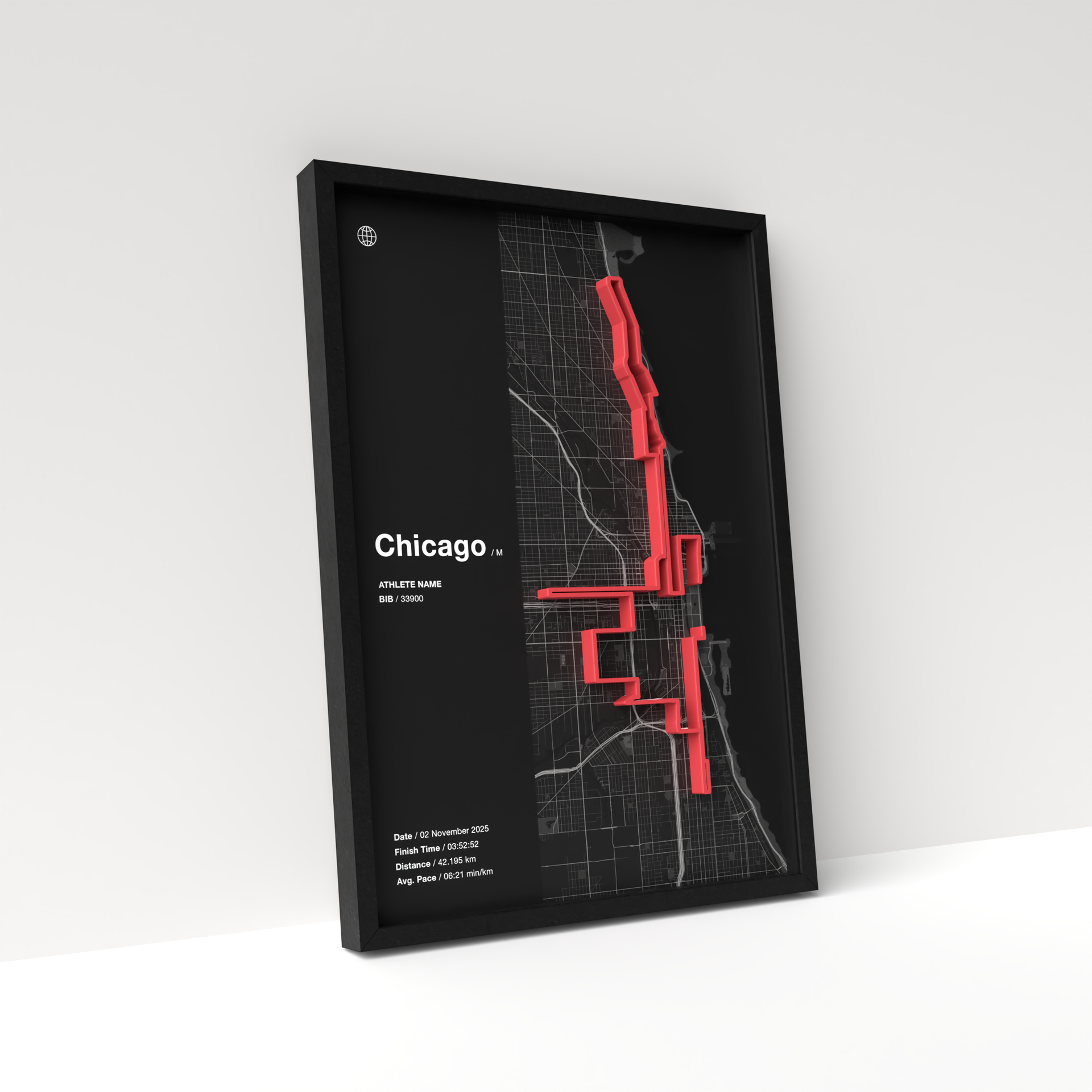 Chicago Marathon – A4 Dark Edition – 3D Race Frame (including medal holder)