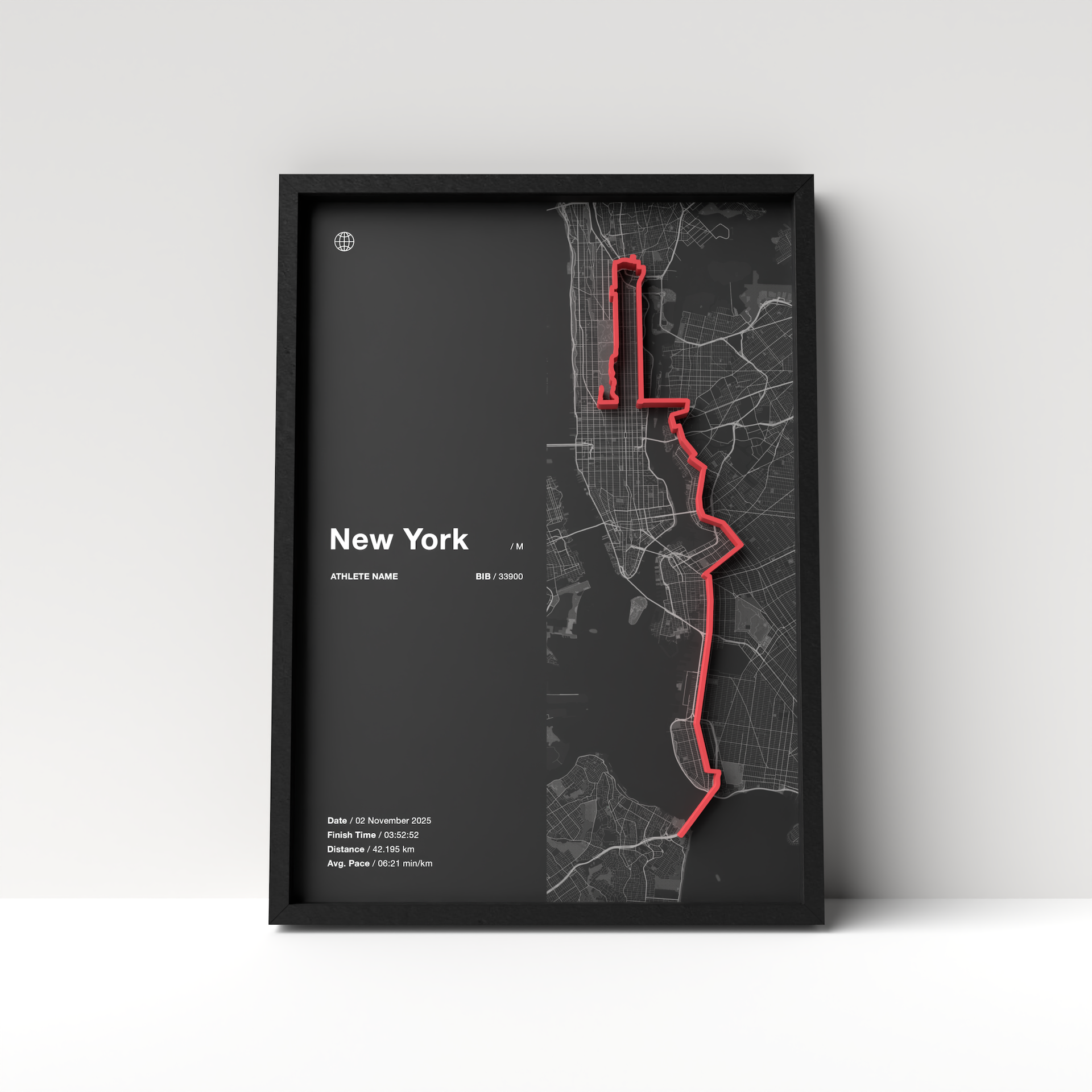 New York City Marathon – A4 Dark Edition – 3D Race Frame (including medal holder)