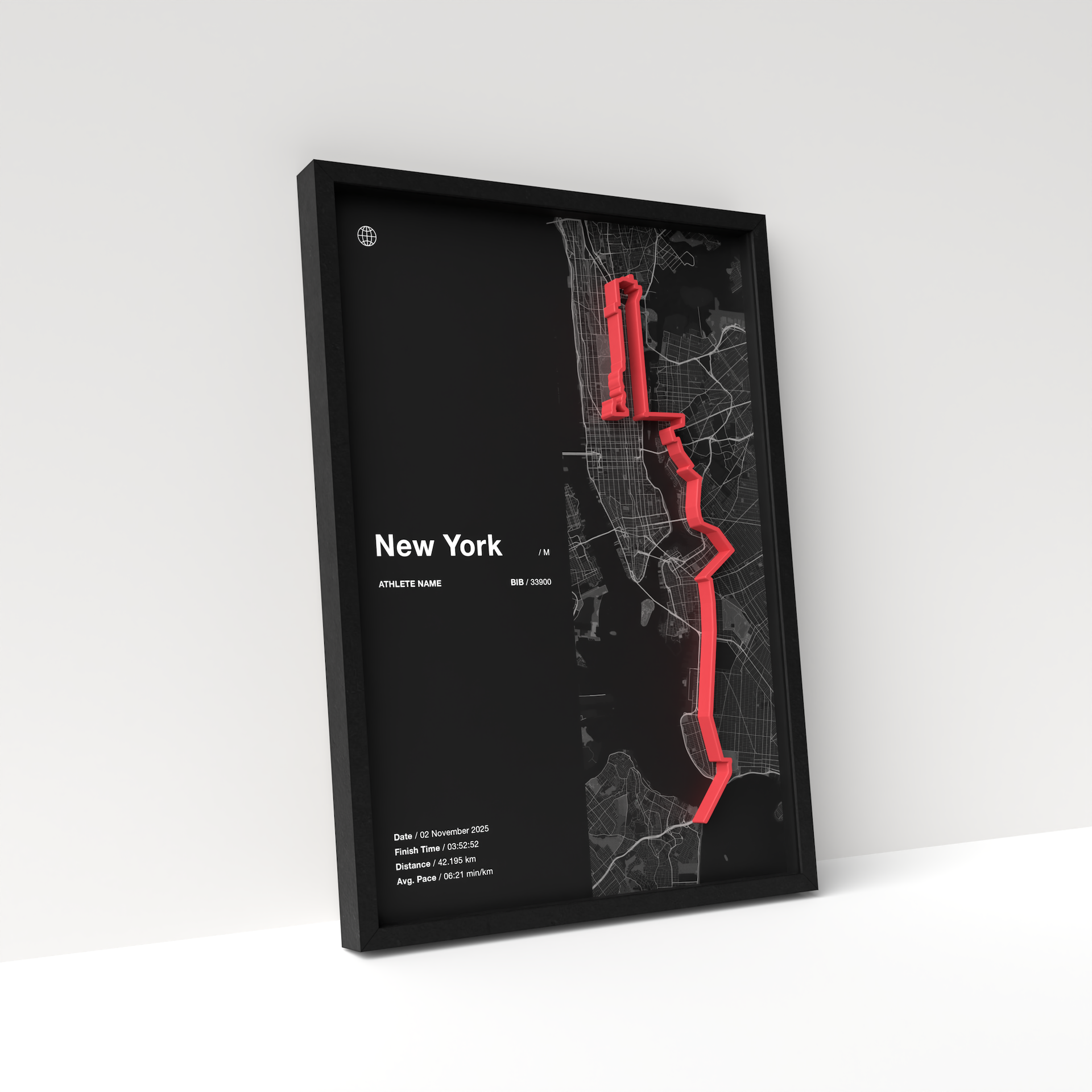 New York City Marathon – A4 Dark Edition – 3D Race Frame (including medal holder)