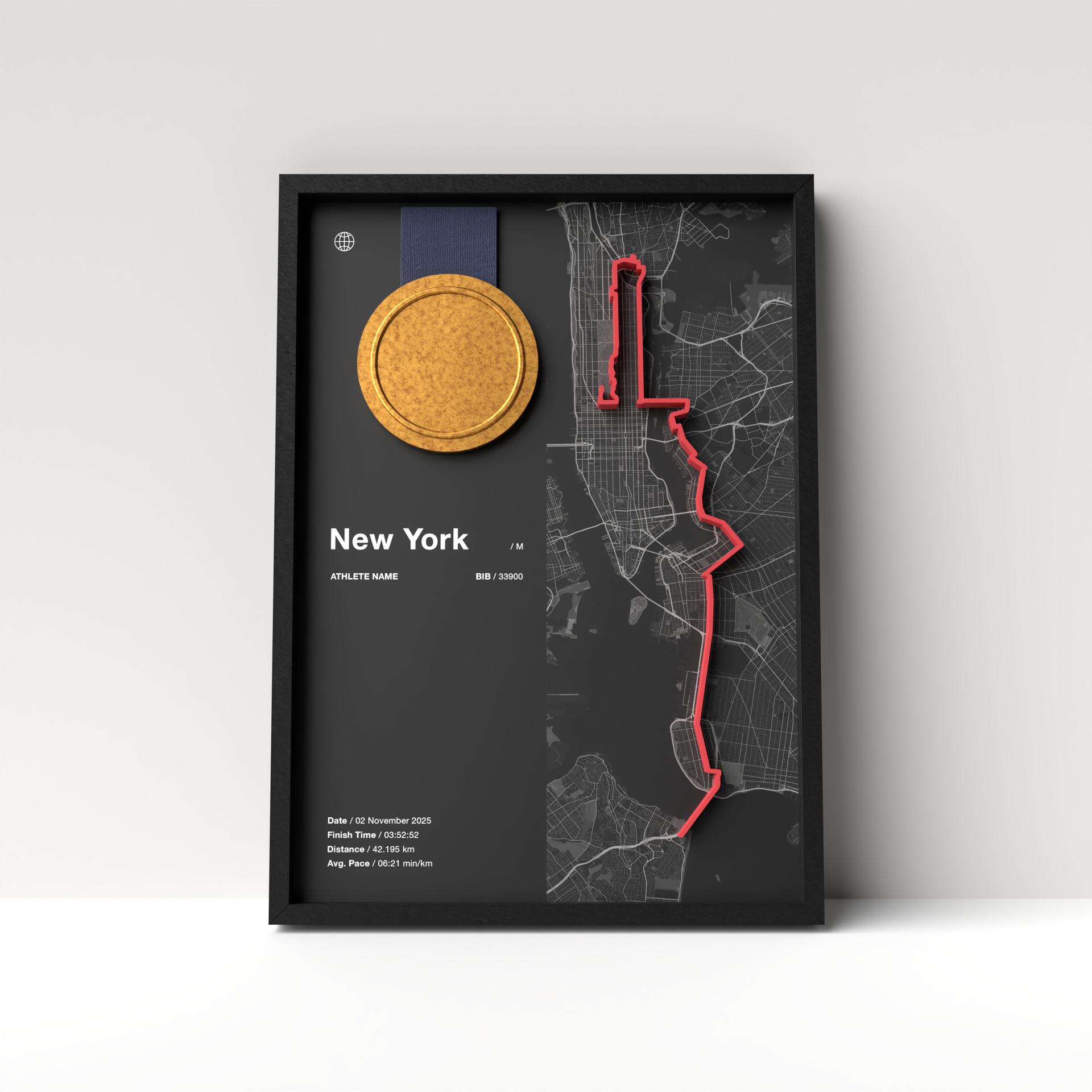 New York City Marathon – A4 Dark Edition – 3D Race Frame (including medal holder)