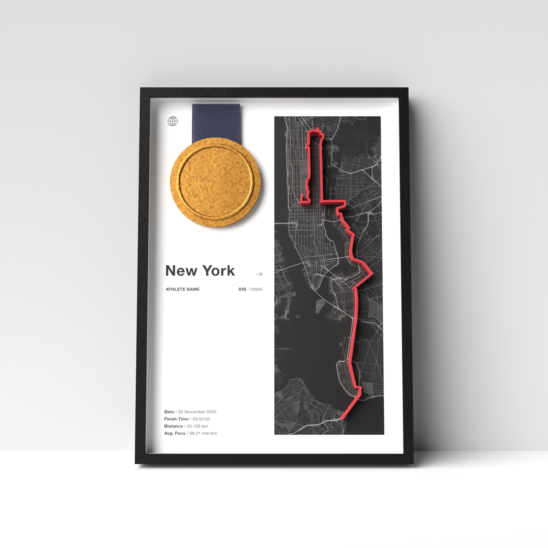 New York City Marathon – A4 White Edition – 3D Race Frame (including medal holder)