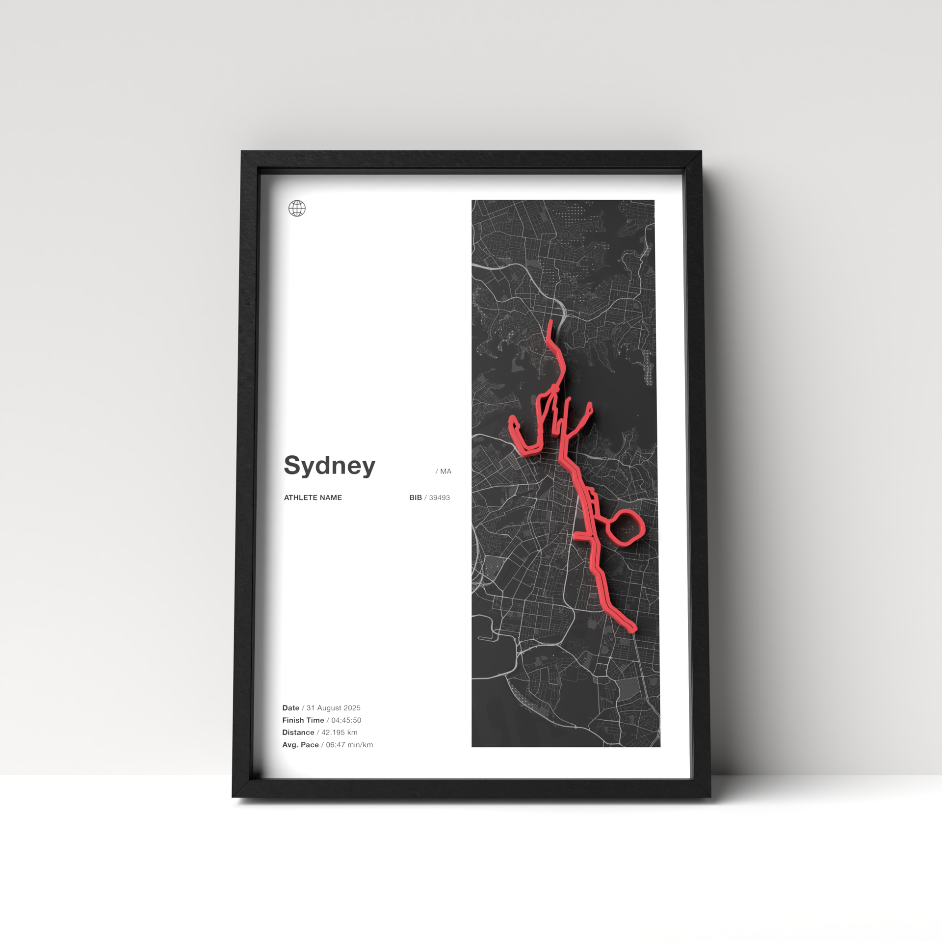 Sydney Marathon – A4 White Edition – 3D Race Frame (including medal holder)